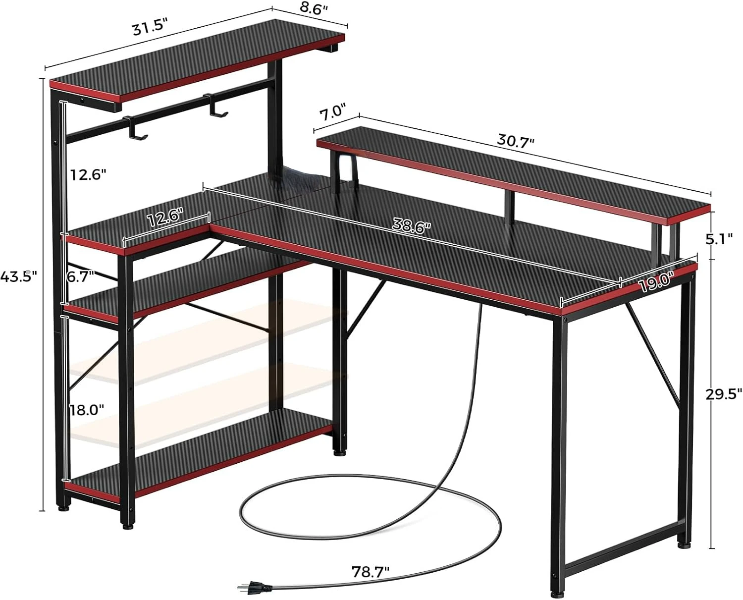 Gaming Desk with Power Outlet and LED Light, Reversible Small Desk with Monitor Stand, 4 Tiers Shelves and Hooks