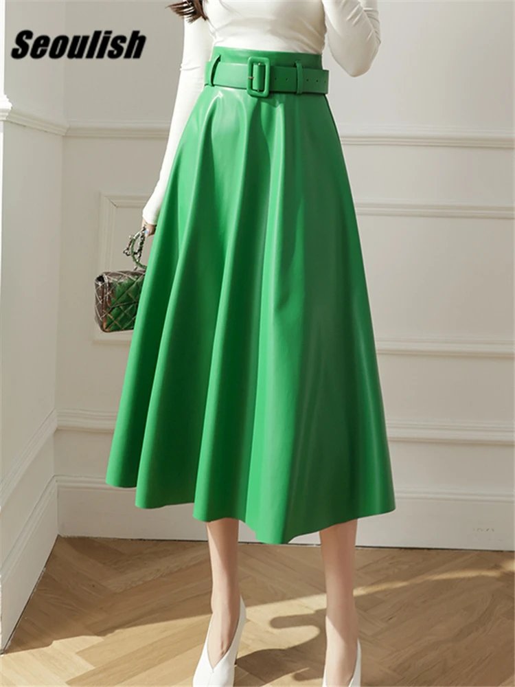 

Seoulish Elegant Green Faux PU Leather Long Skirts with Belted 2023 New High Waist Umbrella Skirts Ladies Female Autumn Winter