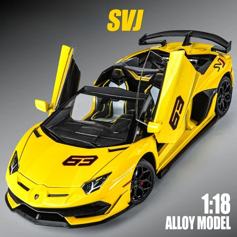 

1:18 Aventador SVJ63 Модель спортивного автомобиля из сплава, литье под давлением и игрушка, металлическая модель суперкара, имитация звука, свет, коллекция для детей