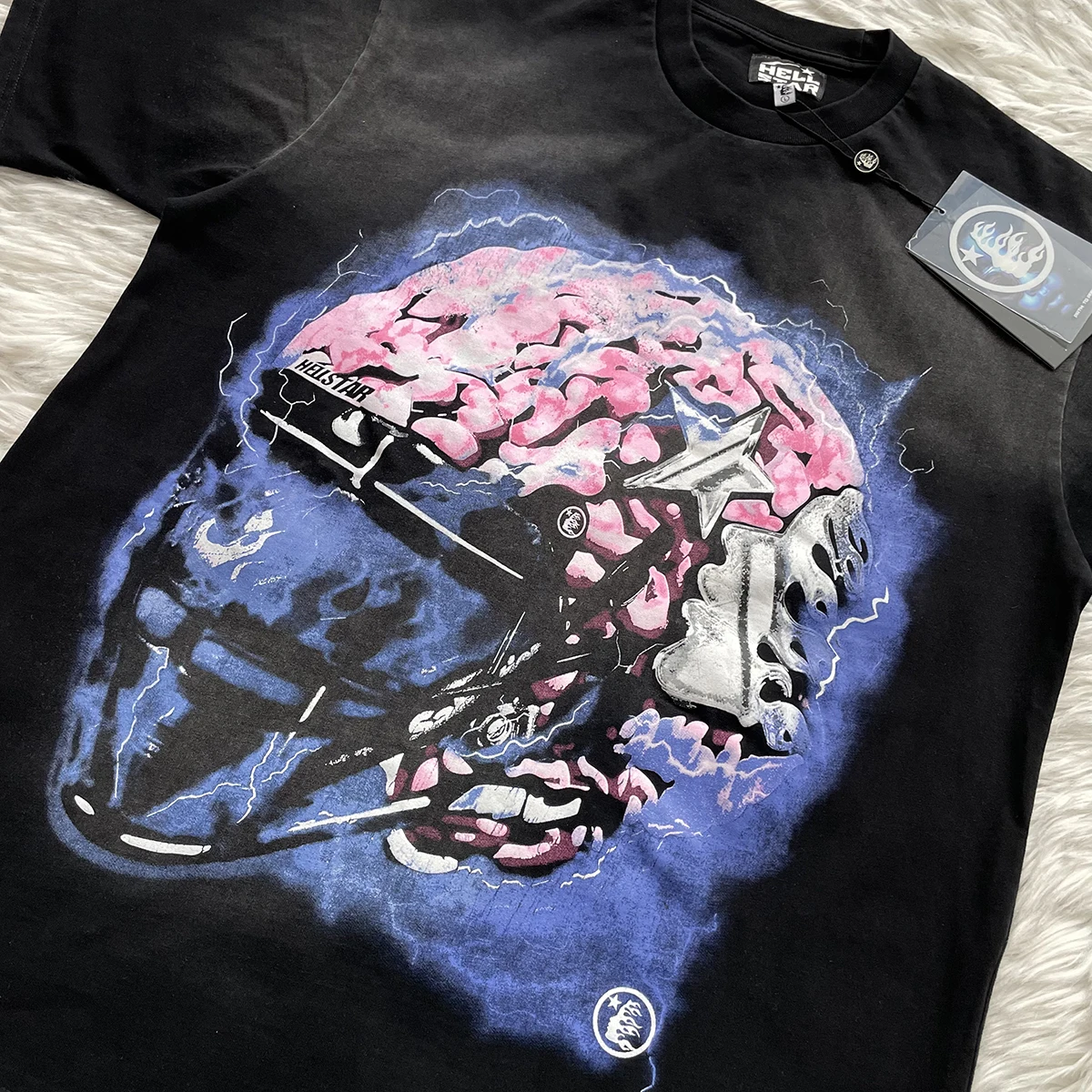 SBrain Helmet Short Sleeve T-Shirt Washed Style round Neck Print Youth Fashion Summer Casual Wear for Men