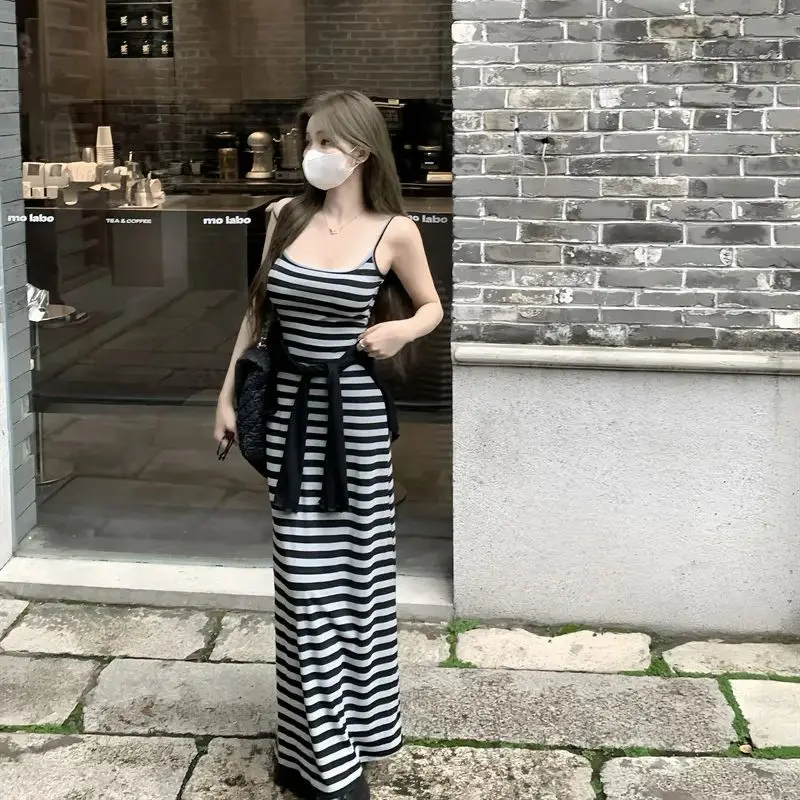 Striped sexy suspender dress for women summer slim hot girl long skirt showing figure waist hip skinny Dresses