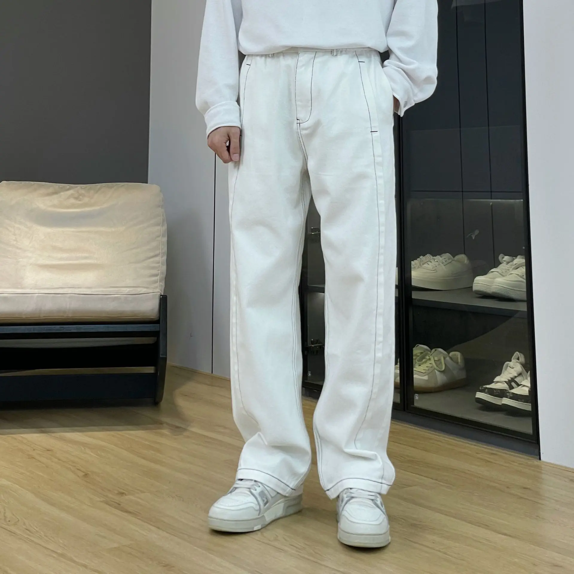 

Unisex High Waist Straight Leg Jeans Casual Pants Mid-Rise Cotton Denim Men's Women's Open Seam Design Autumn Winter Jeans