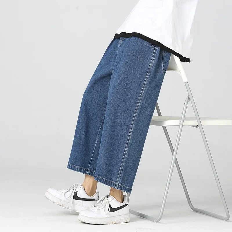 Eighth-Inch Fce-Lined Straight Leg Jeans Men's Loose Fit Thin Autumn Winter Denim Pants Low Waist Button Closure Casual Jeans