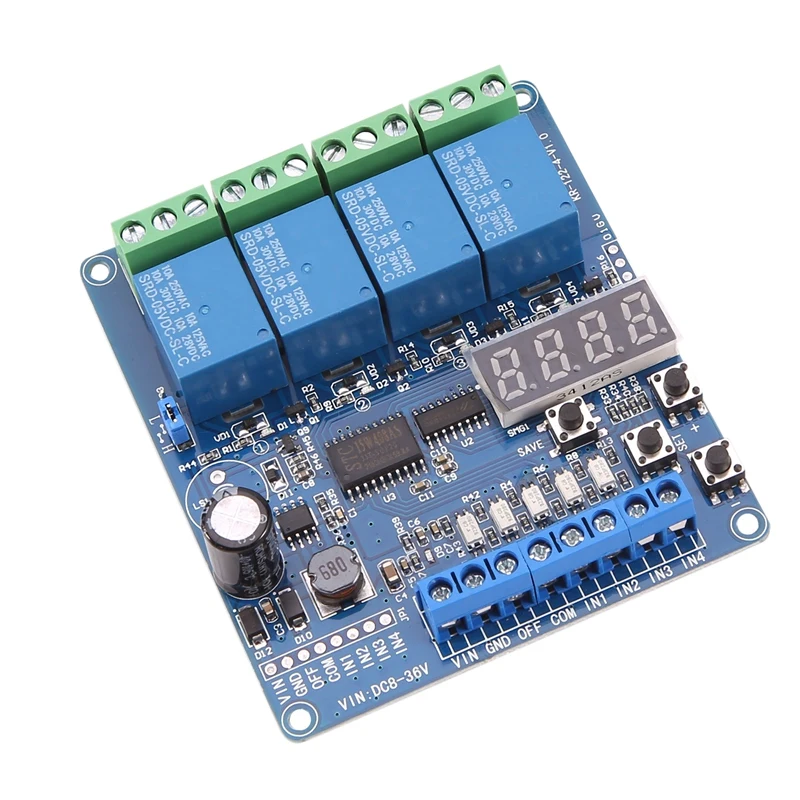 Módulo de relé multifunções LED, temporização de travamento automático, 4 canais, DC 8V-36V