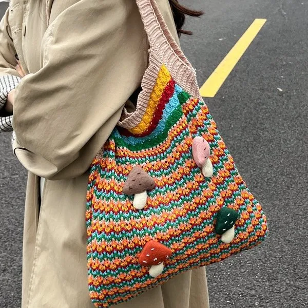 

2025 Autumn Bohemian Colorful Knitting Shoulder Bags Large Capacity Hollow Out Stripe Tote Bags For Travel Commuting Handbags