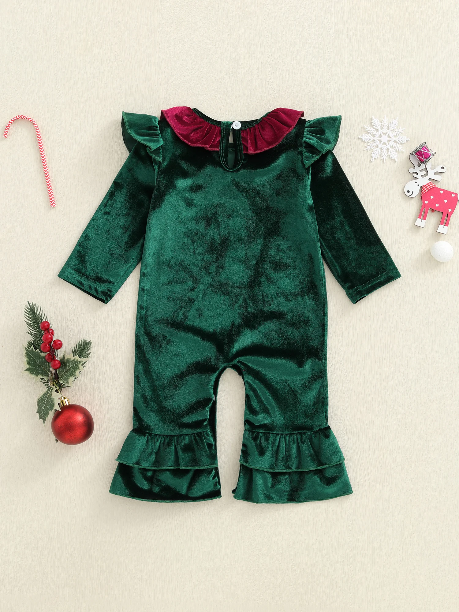 

Toddler Christmas with Long Sleeves and Round Neck featuring Letter Print and Ruffle Detail Cute Infant Jumpsuit with