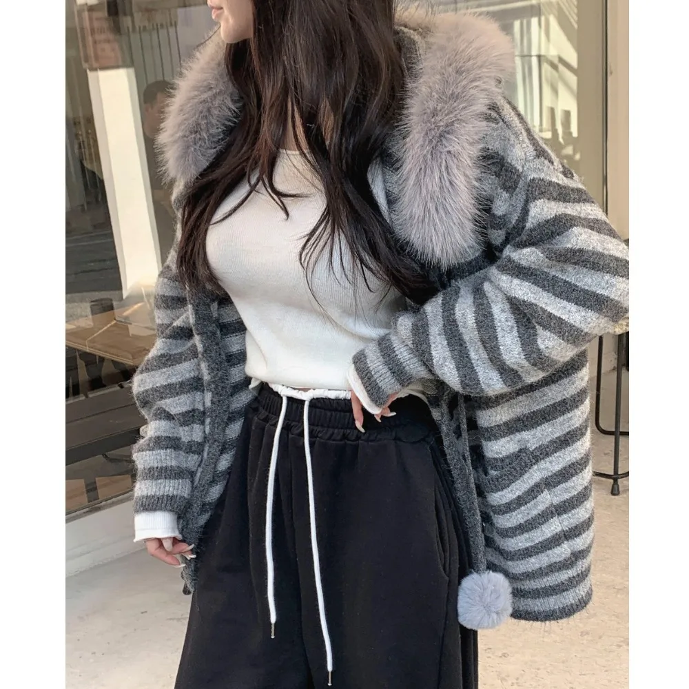 Abrigo de piel de punto para mujer con capucha a rayas corte holgado Otoño Invierno nueva ropa de abrigo Sle Faion cómoda Top largo Sve