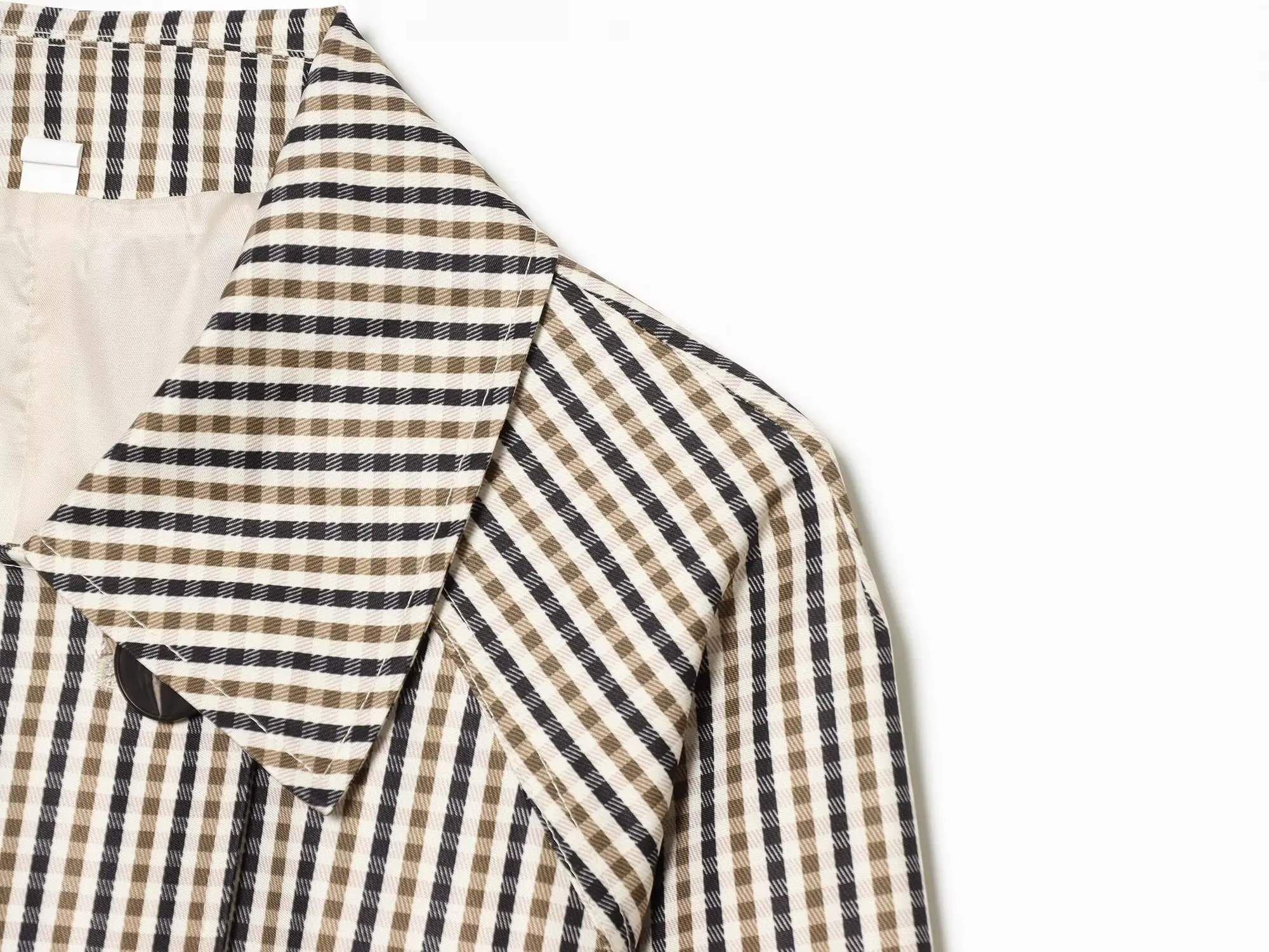 TFMLN Damen-Trenchcoat, kurz geschnitten, schick, mit Revers, doppelreihig, mit Gürtel, lange Ärmel, klassischer Karomuster-Windbreaker. – Detail 6