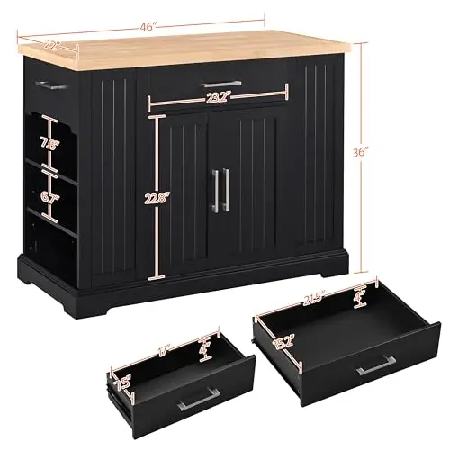 Rolling Kitchen Island Cart with 3 Drawers & Open Shelves, Black | Mobile Kitchen Island with Storage on Wheels with image 4