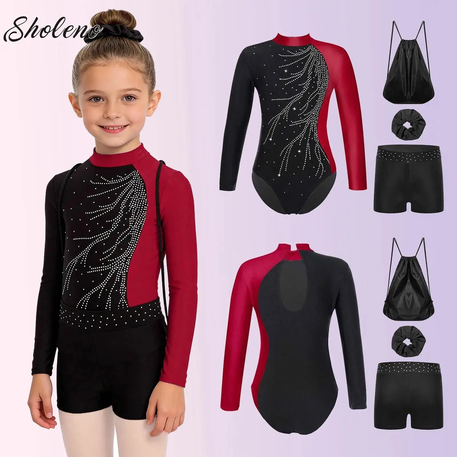 

Shiny Rhinestones Sportswear Set Gymnastics Leotard for Kid Girls Long Sleeve Ballet Dance Leotard Competition Bodysuit Jumpsuit