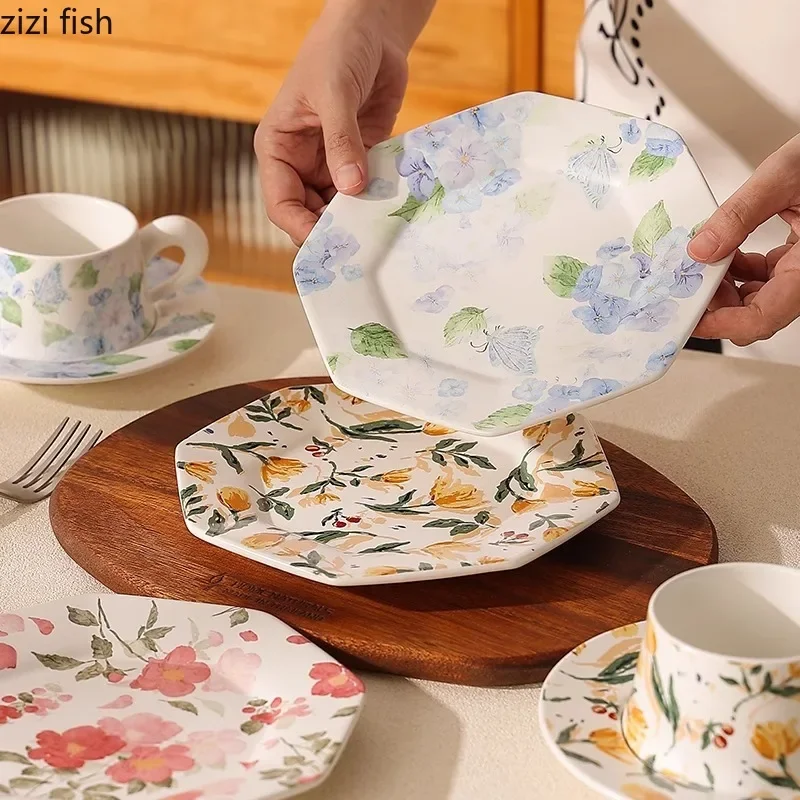 Flower Patterned Ceramic Plate Hand-held Fruit Basket Dried Fruit Plate Octagonal Dessert Plate Snack Plates Steak Plates