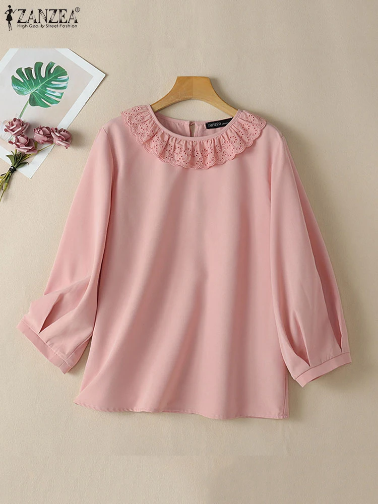 ZANZEA Lantern Sleeve Trendy Smock Tops Lace Trim O Neck Women Loose Casual Solid Color Blusas Mujer Elegant 2025 Spring Blouses