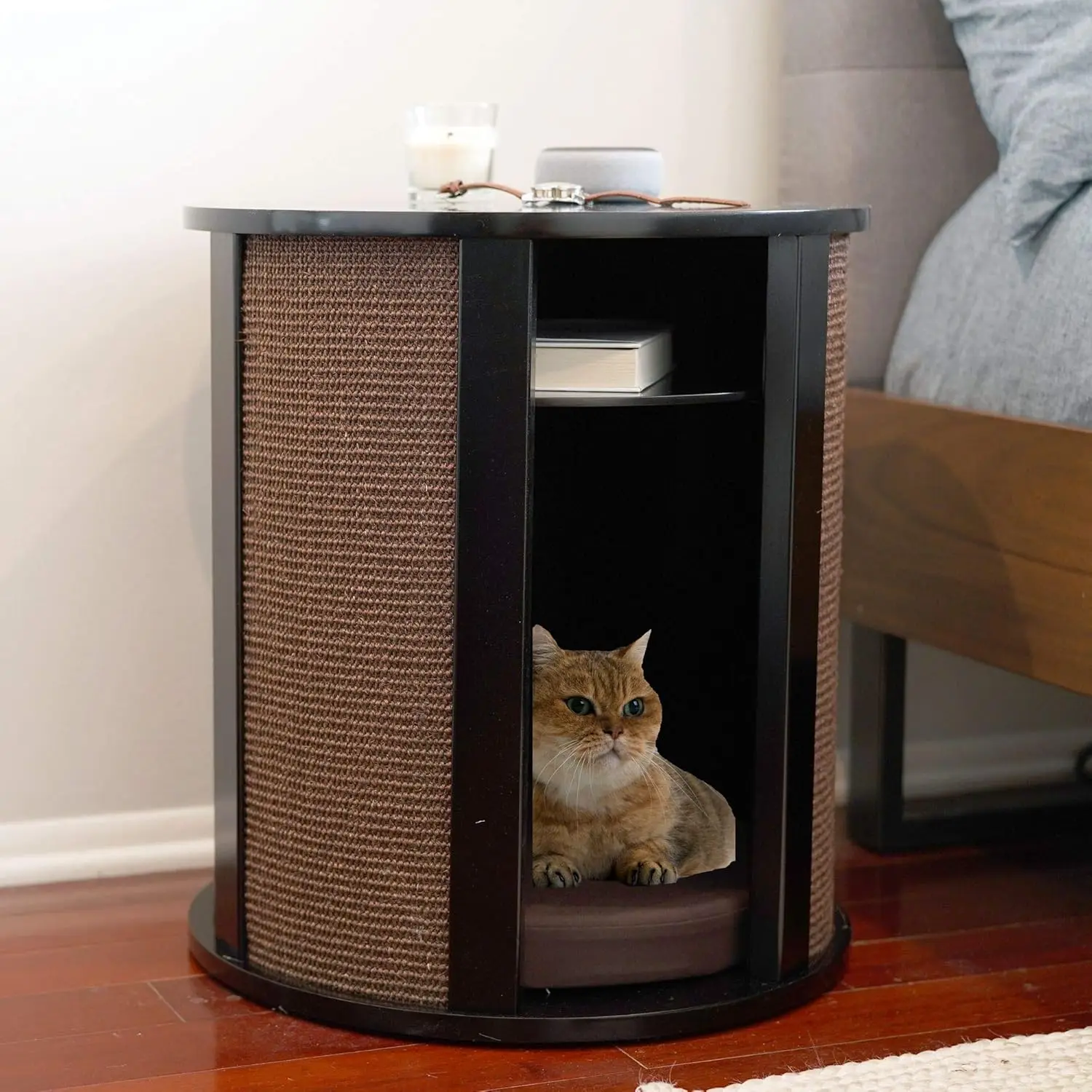 Table Cat Bed Cave in Black Espresso, Multipurpose Wood Cat Furniture Nightstand, Easy to Clean Covered Cat Bed with Replaceable