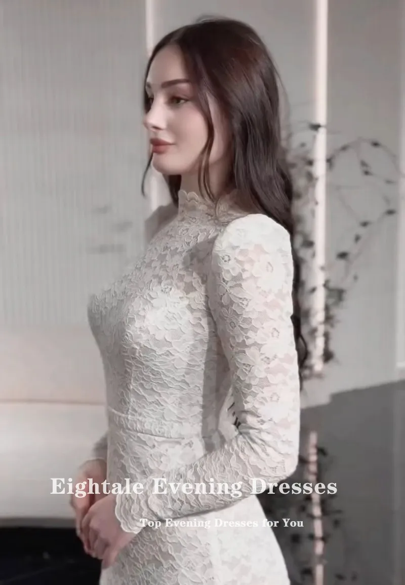 Abito da sposa arabo Eightale Abito da sposa in pizzo avorio personalizzato Collo alto Applicazioni musulmane Abito da festa da sposa a maniche lunghe