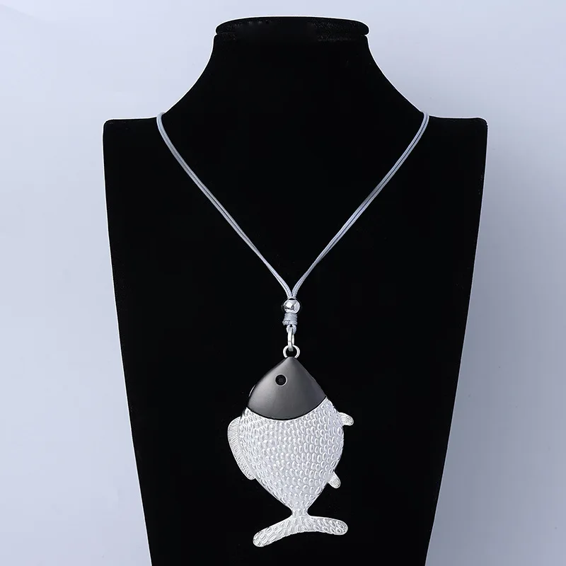 

Kaseakia Fish Shaped Metal Pendant Sweater Chain Long Necklace for Women