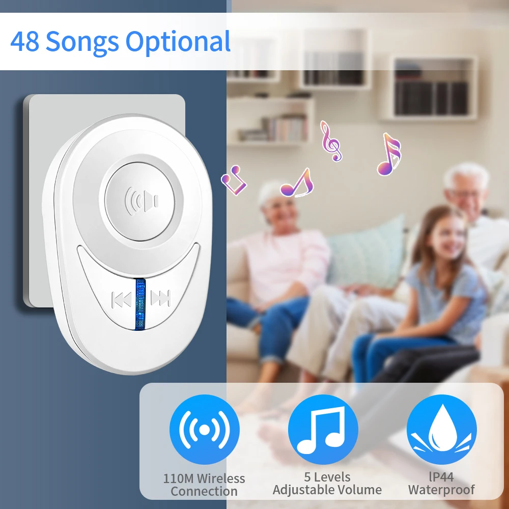 Security Wireless Doorbell 1Set Outdoor Waterproof Door Chime Kit 48 Chords LED Flash 97dB Smart Home Security Alarm Door Bell