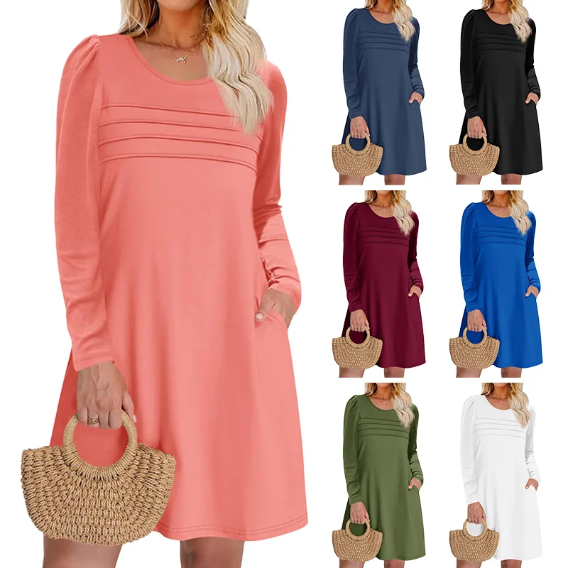 فستان نسائي طويل الأكمام خريفي كاجوال تي شيرت فضفاض مناسب بطيات أمامية فساتين قصيرة مع جيوب