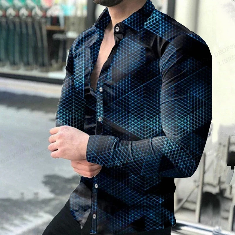 Lattice Shirts Men Fashion Shirt Long Sleeve Hawaiian Shirts Cuba Beach Blouse Mens Clothing Turn Over Collar Camisas Streetwear