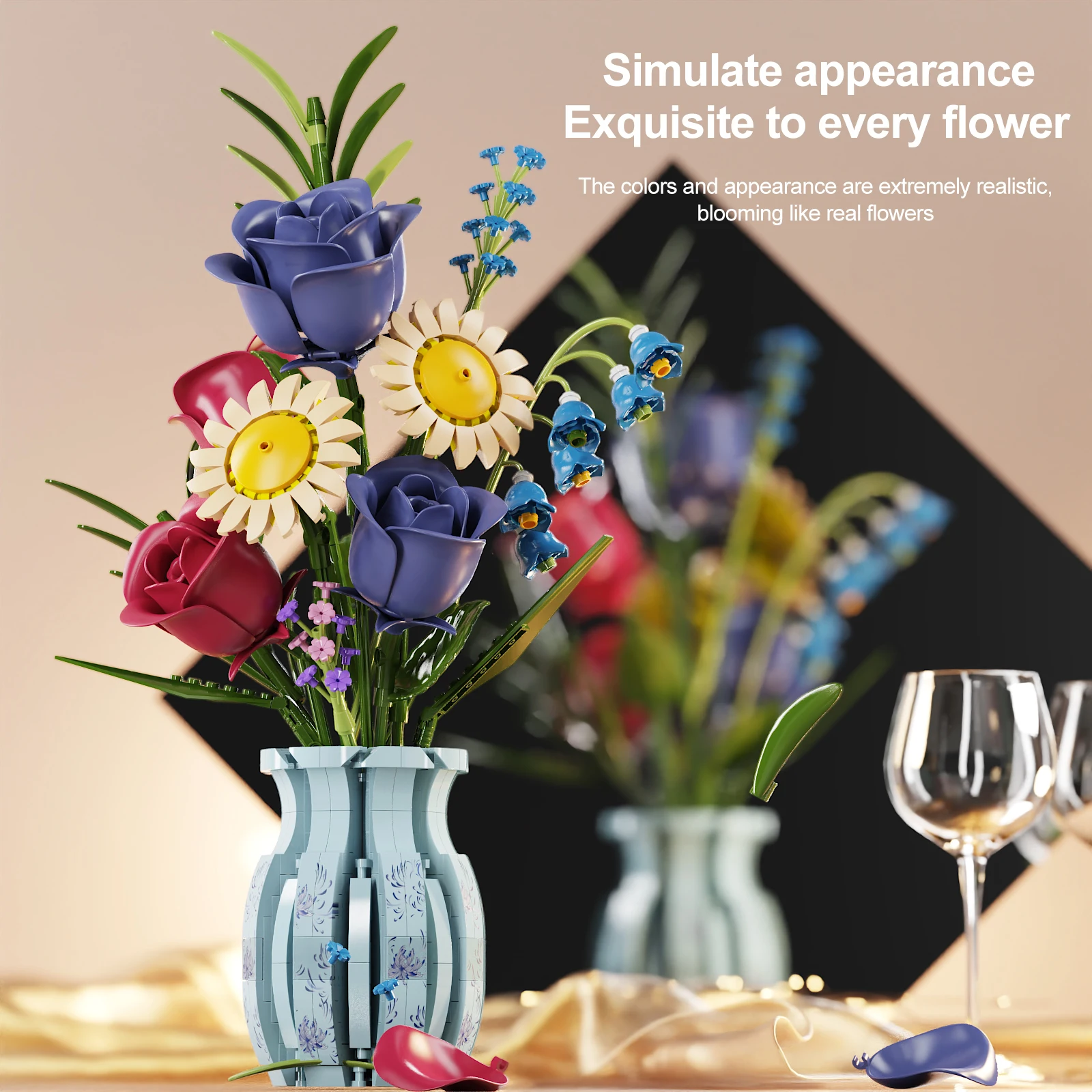 Blocs de construction de Bouquet de Simulation, modèle d'assemblage de fleurs, ornements de plantes MOC, briques de décoration technique DIY, cadeaux pour filles