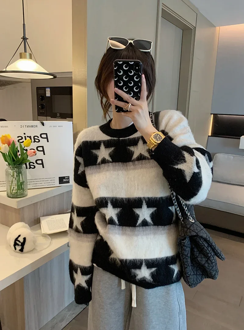 Contrast color star round neck sweater for women 2024 autumn and winter pullover sweater loose casual long-sleeved top