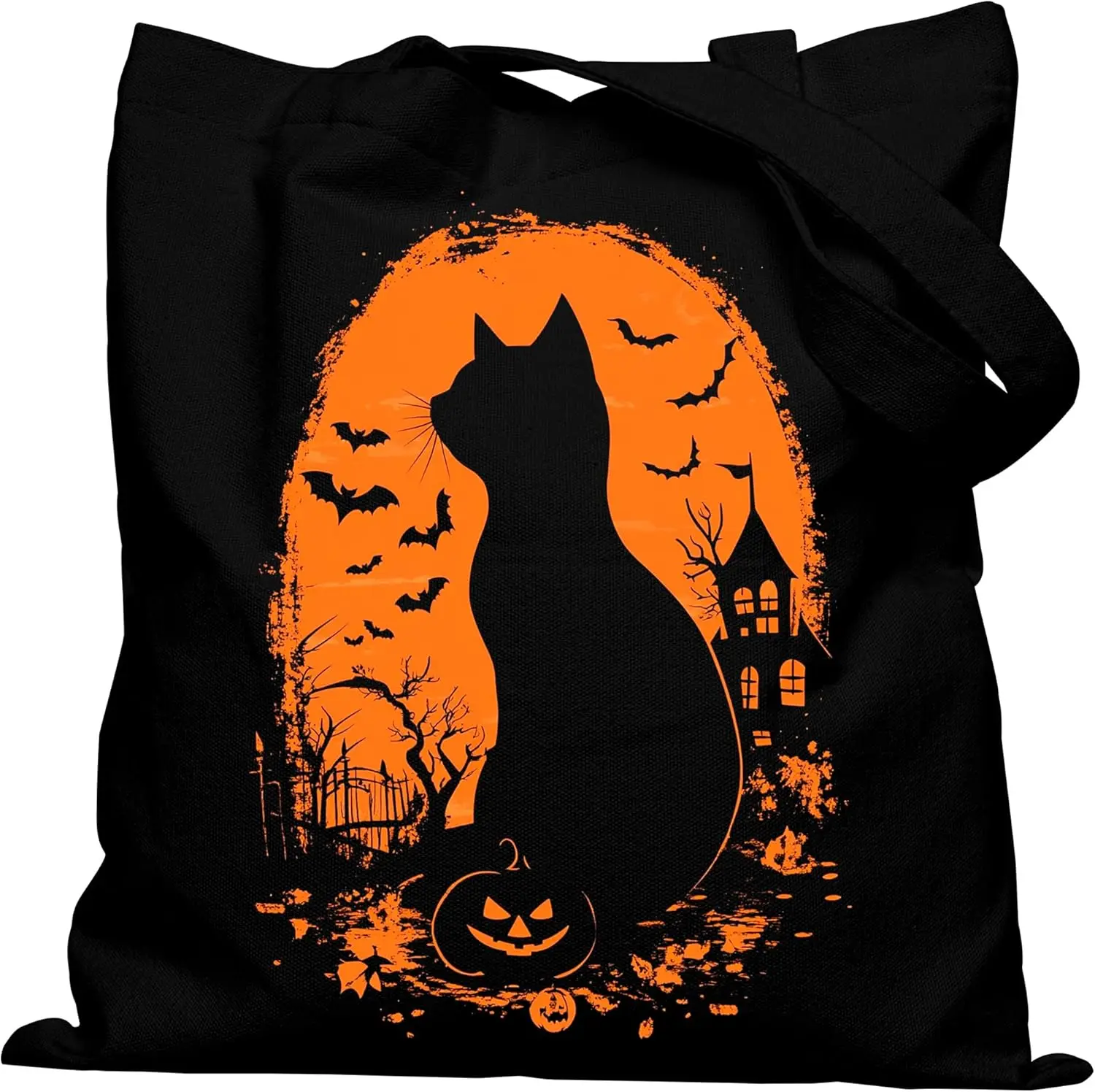 

Black Canvas Shoulder Bag Cat Silhouette Pumpkin Bat Pattern Handbag Casual and Versatile Suitable for Daily Commuting