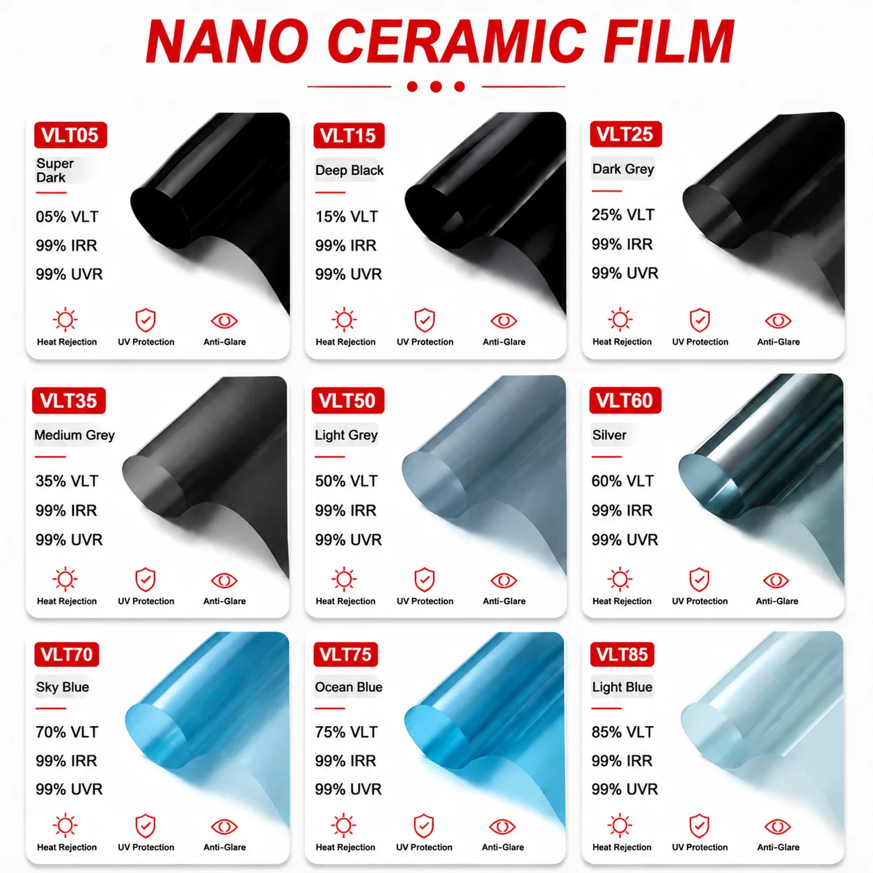 IR100% Nano Ceramic Car Window Tint Film High Heat Rejection Solar Control UV Protection Auto Front Rear Windshield Sticker foil