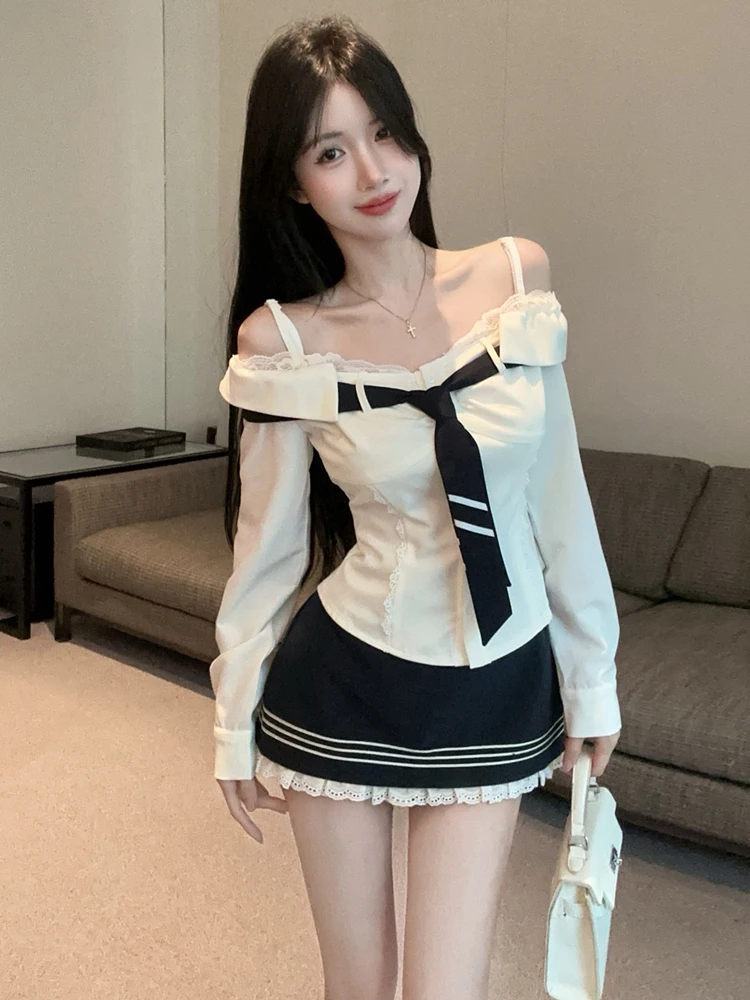 Korean Style College Girl's Sweet Sexy One Shoulder Jk Uniform Long Sleeve Patchwork Lotus  Short Skirt Set Breathable Po...