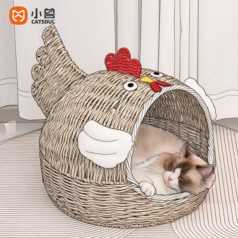 

Lovely Design Rattan Chicken Round cat Bed Hand-woven Semi-enclosed Cat Sleeping Bed Cave Wholesale Eco Friendly