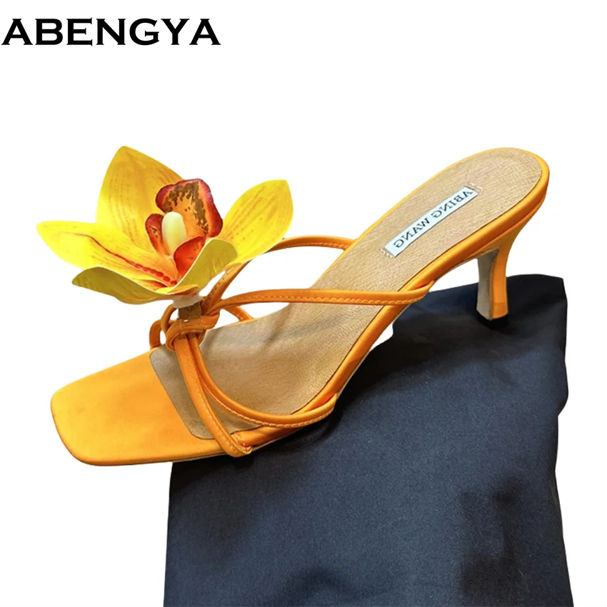 

New Square Crystal Buckle High Heel Slippers Woman Shoes Summer Satin Point Toe Slides Modern Slippers Women Gladiator Sandals