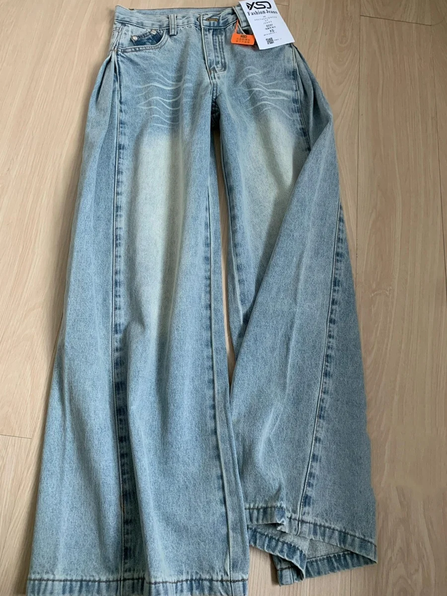 

Американские светло-голубые широкие джинсы в стиле ретро, женские высокие удлиненные свободные узкие прямые брюки длиной до пола, джинсы с высокой талией