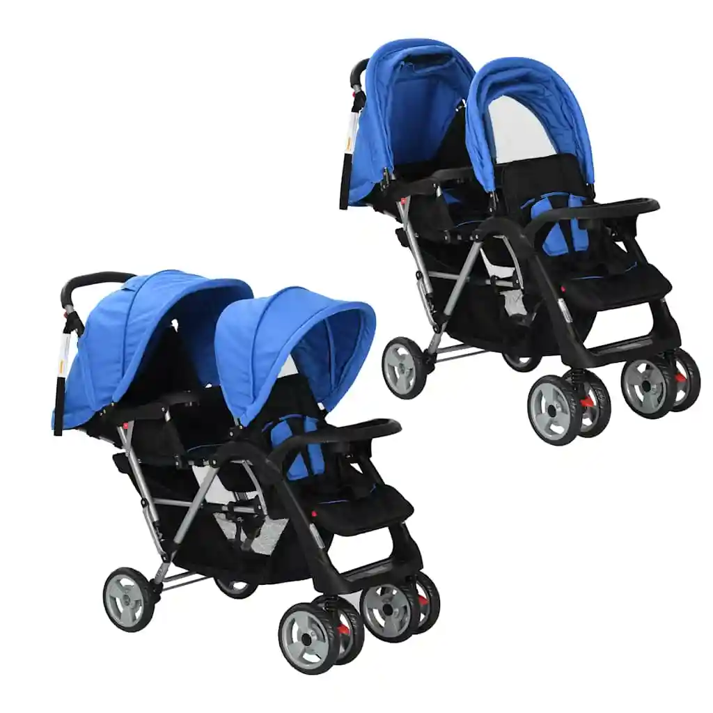 Doppelkinderwagen, blau und schwarz, Stahl, 122,5 x 53,5 x 111 cm, leicht, faltbar, sicheres Design, kompakt für Reisen