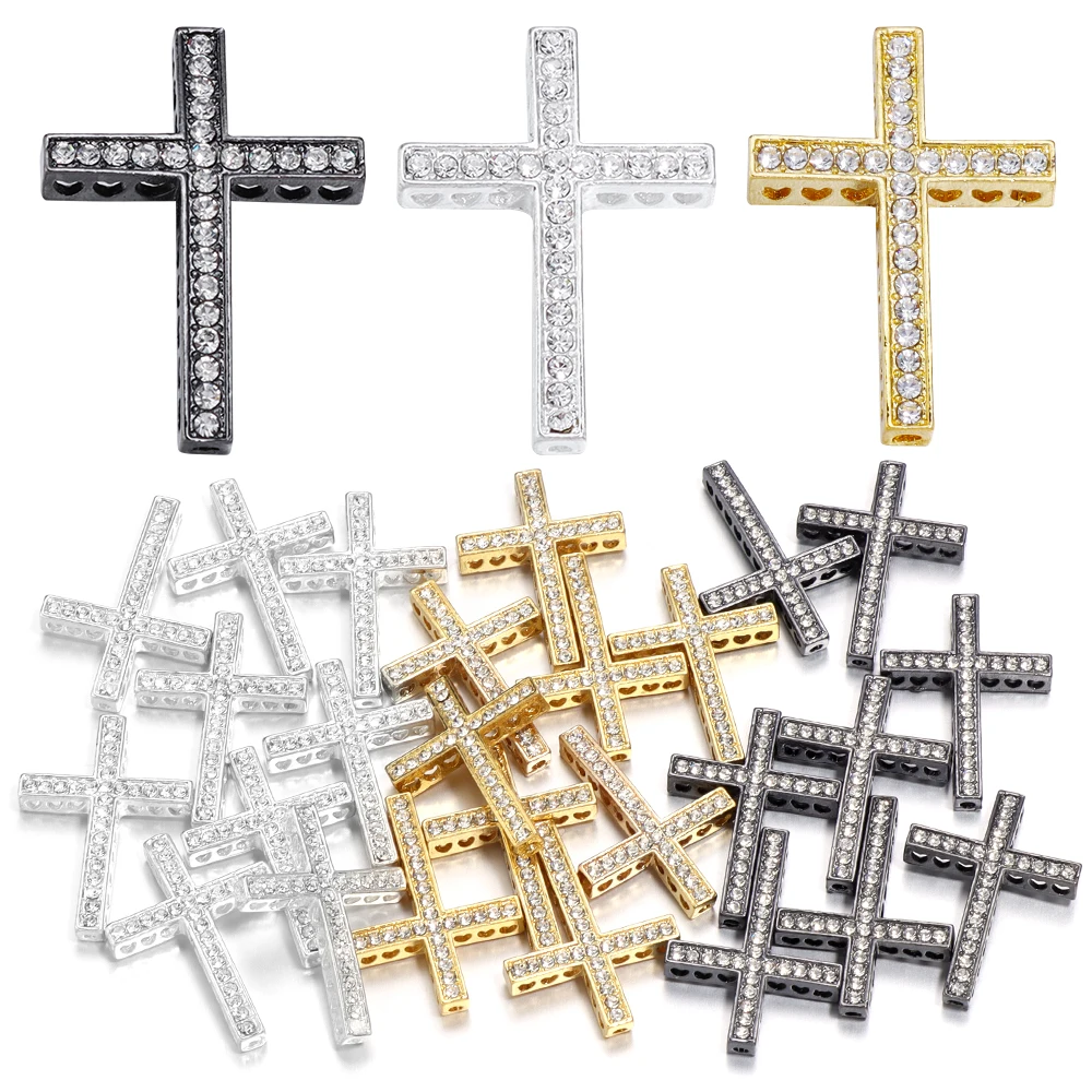 SAUVOO 5pcs 25x36mm Alloy Rhinestone Cross Charms Gold Silver Color Pendant Religious Necklace Keychain Jewelry Making Findings