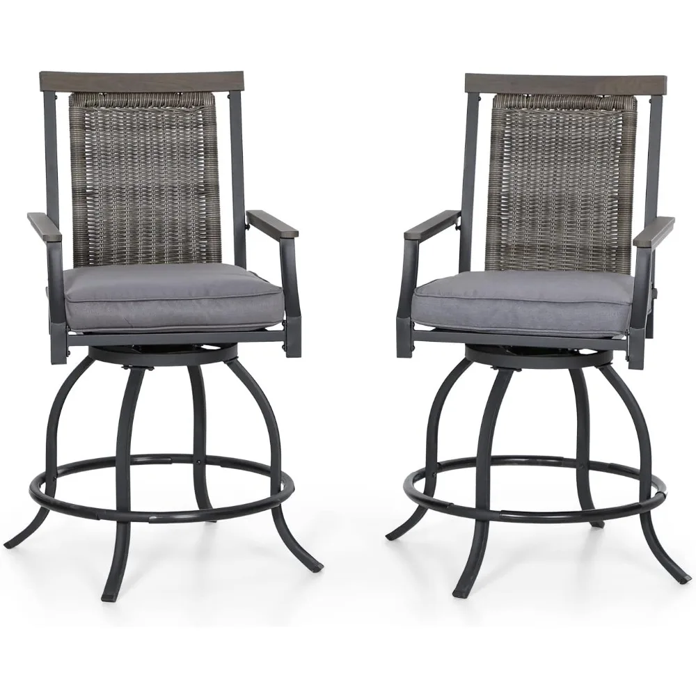 

Outdoor Swivel Bar Stools Set of 2, 24" Counter Height Patio Bar Chairs with Rattan Backrest and Wood-Like Armrest for Garden,
