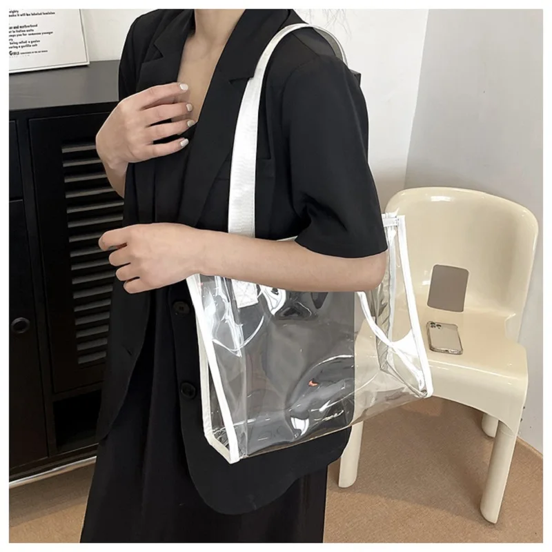 Fashion Summer Transparent PVC Jelly Tote Bag Shoulder Bag Handbag New Leisure Commuting Crossbody Bag Women Shopping Bag