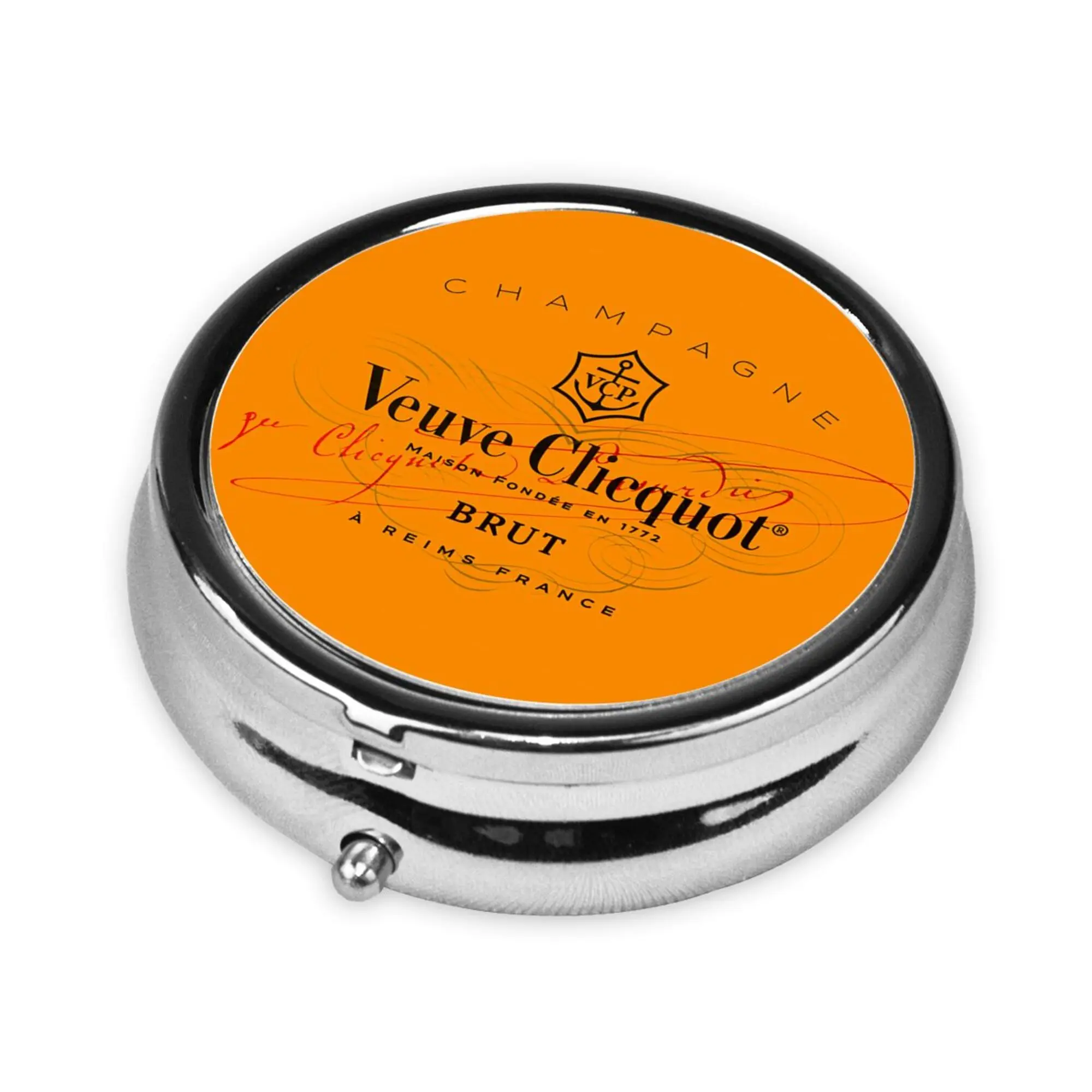 VCP Champagne Clicquots Pill Box 3 Compartment Small Pill Organizer for Purse or Pocket Bronze Small Roud Pill Box or Vitamins