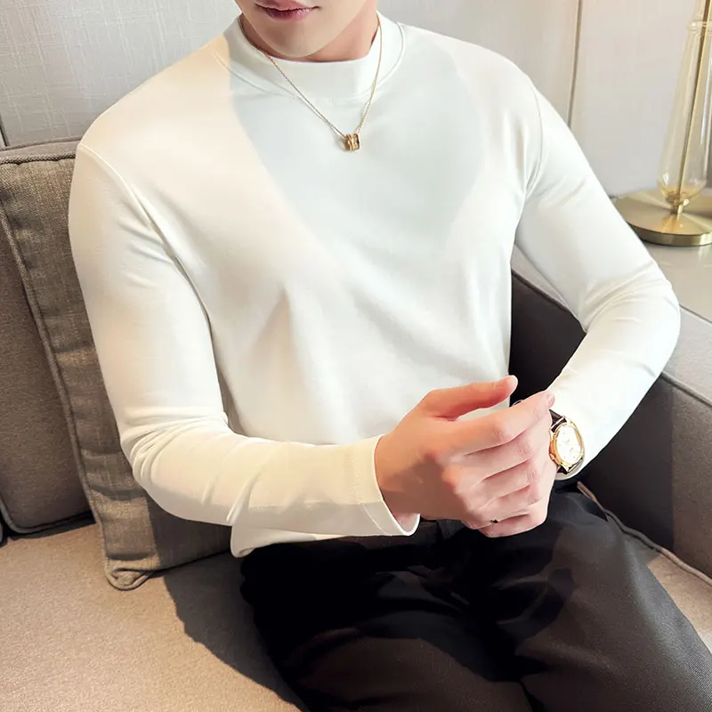 Autumn Winter Round Neck Long Sleeved T-shirt Men's Solid Color Elastic Casual Business Tee Versatile Base Shirt Men Clothing