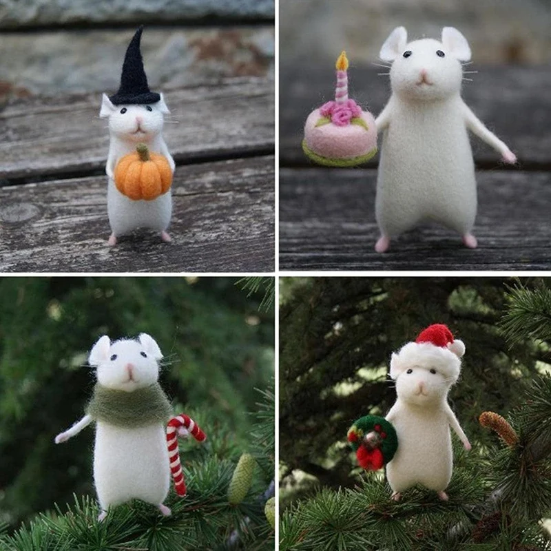 2PCS Halloween Mouse Handmade Wool Felt Christmas Mouse Ornament Needle Felted Pumpkins Animals Decoration