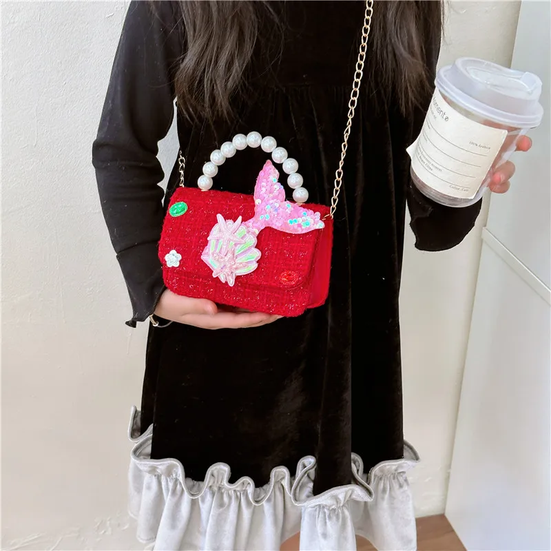 Sweet Bow Children's Small Square Shoulder Bag Sequin Lace Princess Girls Crossbody Bags Pearl Handle Coin Purse Handbags Gifts