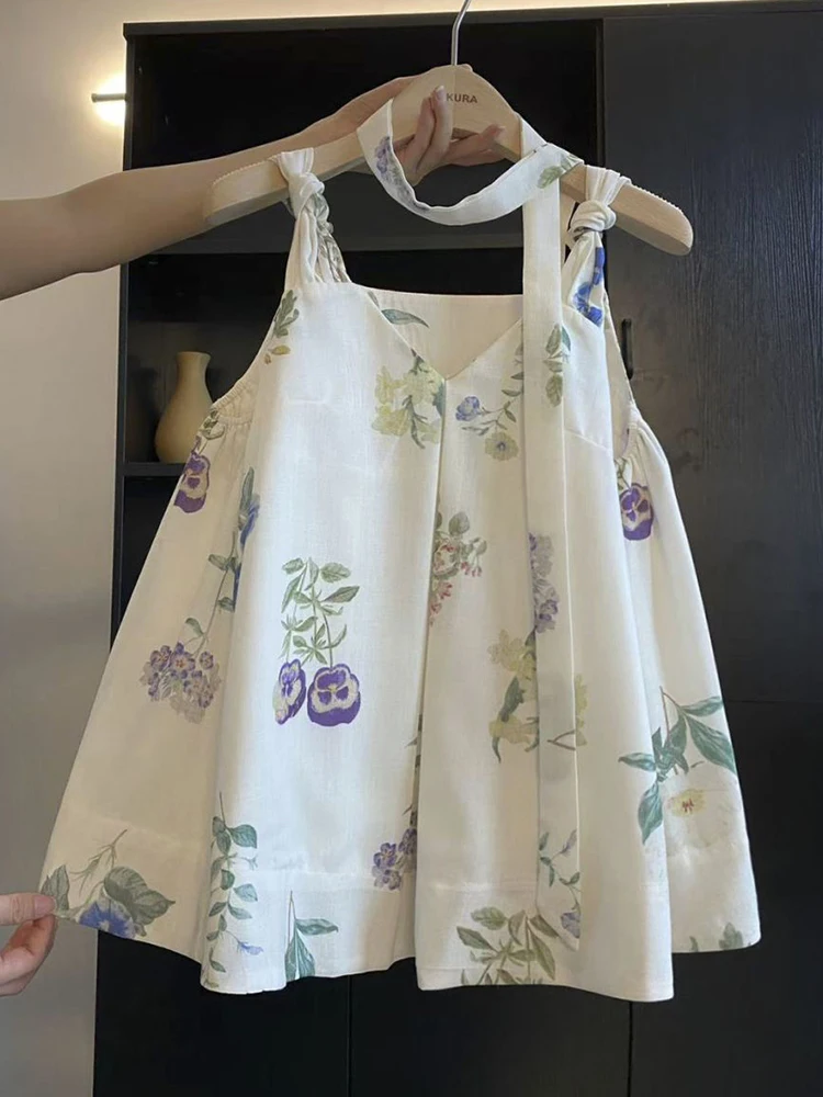 Chic Floral Beach Tanks Women Slim Sexy Camis Sweet Tanks Summer Fashion Casual Elegant Female Ocean Holiday Sleeveless Tops New