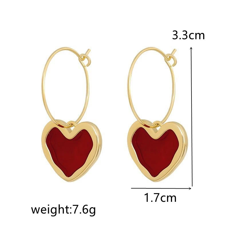 Sweet Burgundy Enamel Heart Earrings for Women Gold Color Metal Love Peach Hanging Dangle Ear Vintage Jewelry Girl Brincos