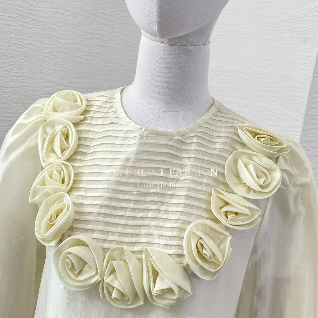 

Appliqued Pleat Blouse Tops 2025 New Beautiful White Apricot Long Sleeve Flowers