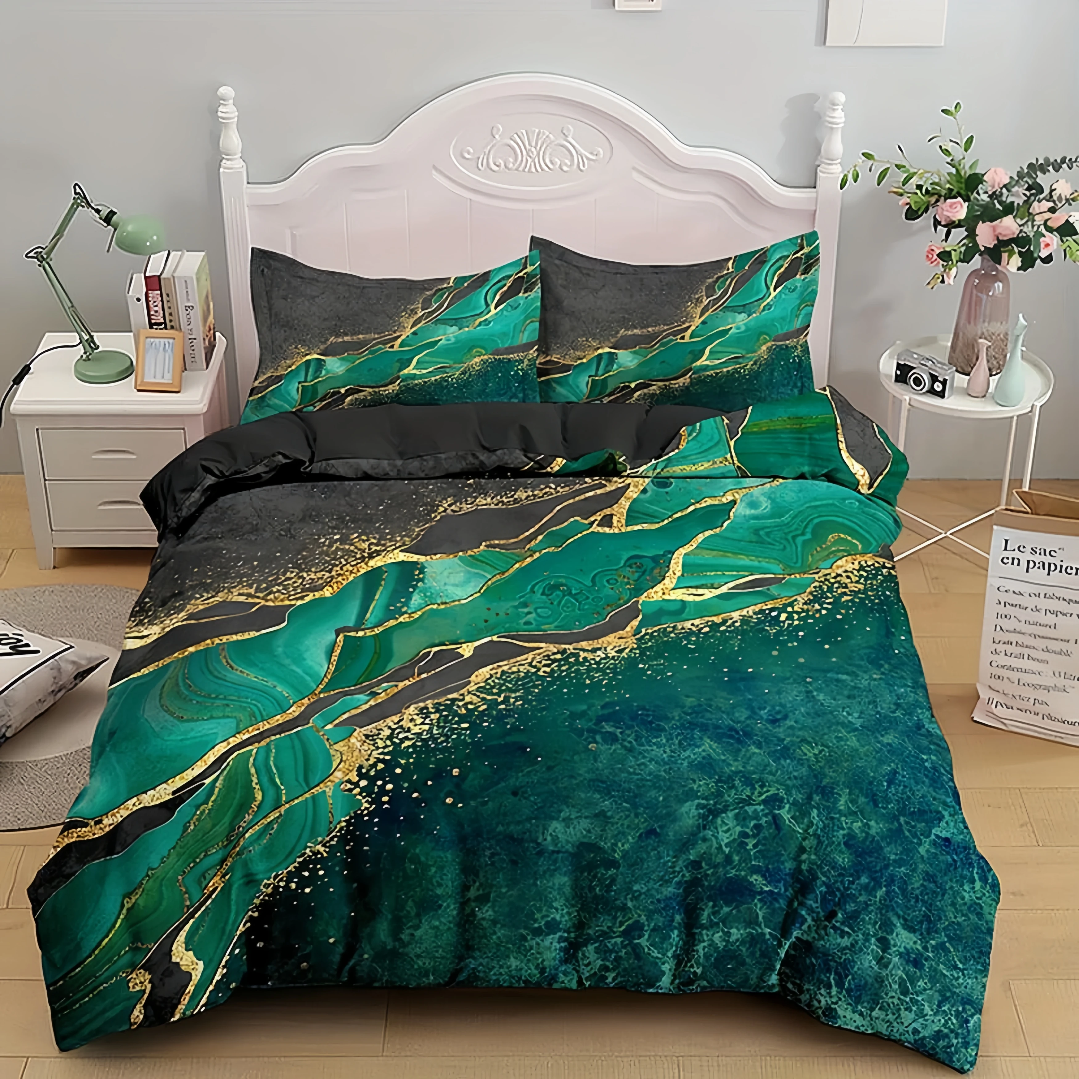 

Soft Marble Print Duvet Cover Set (1 Duvet Cover+2 Pillowcase ) Golden Marbling Bedding Set For Bedroom Dorm Room