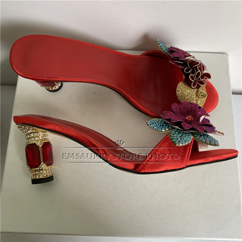 Bling Sequins Diamond Flower Sandals Women Luxury Satin Slingbacks Crystal Rhinestone High Heel Summer Shoes