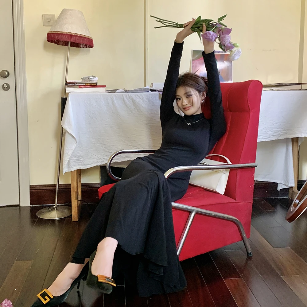 2025 outono novo coreano high street meia alta pescoço vestido feminino cabido interior usar camada base a linha sereia vestido longo senhora do escritório