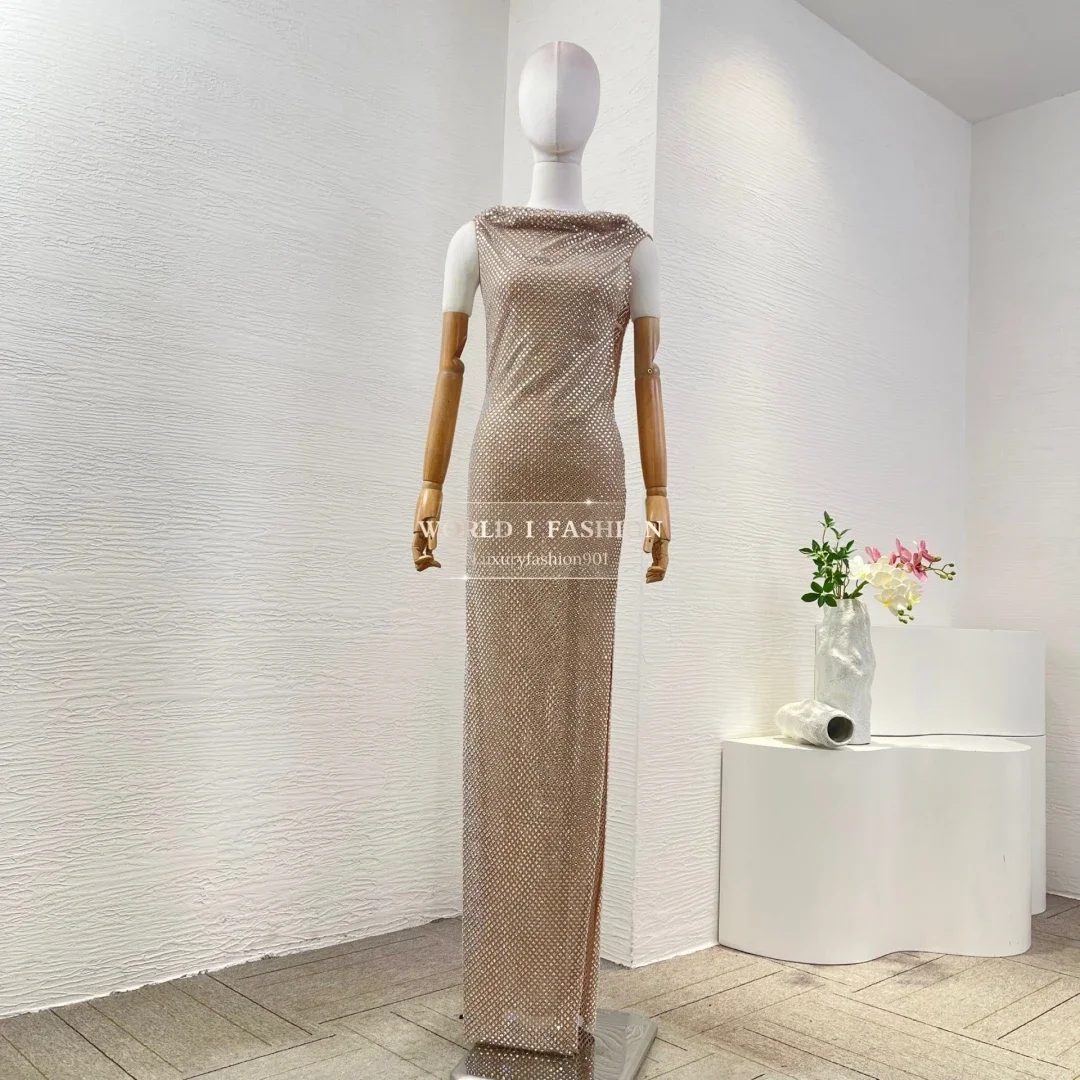 

2025 Women's Fashion Beige Sequin Sleeveless See Through Backless High Slit Maxi Dress