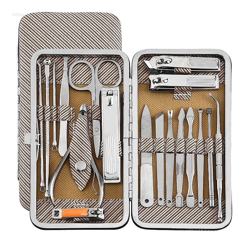 18 Piece Stainless Steel Nail Clipper Set Complete Manicure Pedicure Tool Kit Nail Cutter Cuticle Scissors Grooming Gift Box