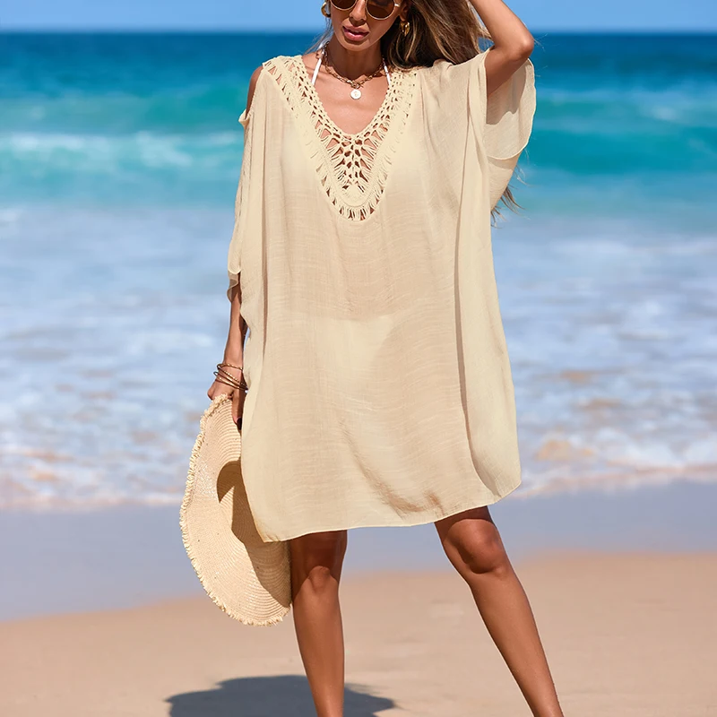 Abito allacciato allentato in tinta unita Vacanza al mare Copricostume trasparente casual per bikini Grembiule da bagno solare da donna