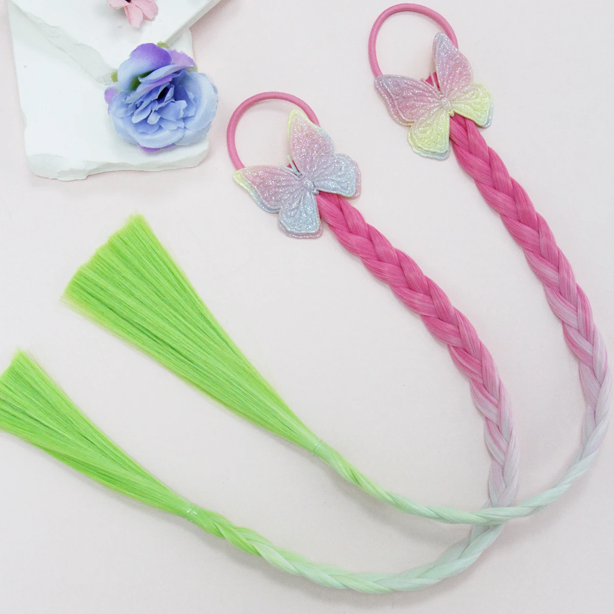 

Розово-зеленый градиентный плетеный парик, резинки для волос, декор в виде бабочки с блестками, аксессуары для хвоста, идеально подходят для повседневного наряда