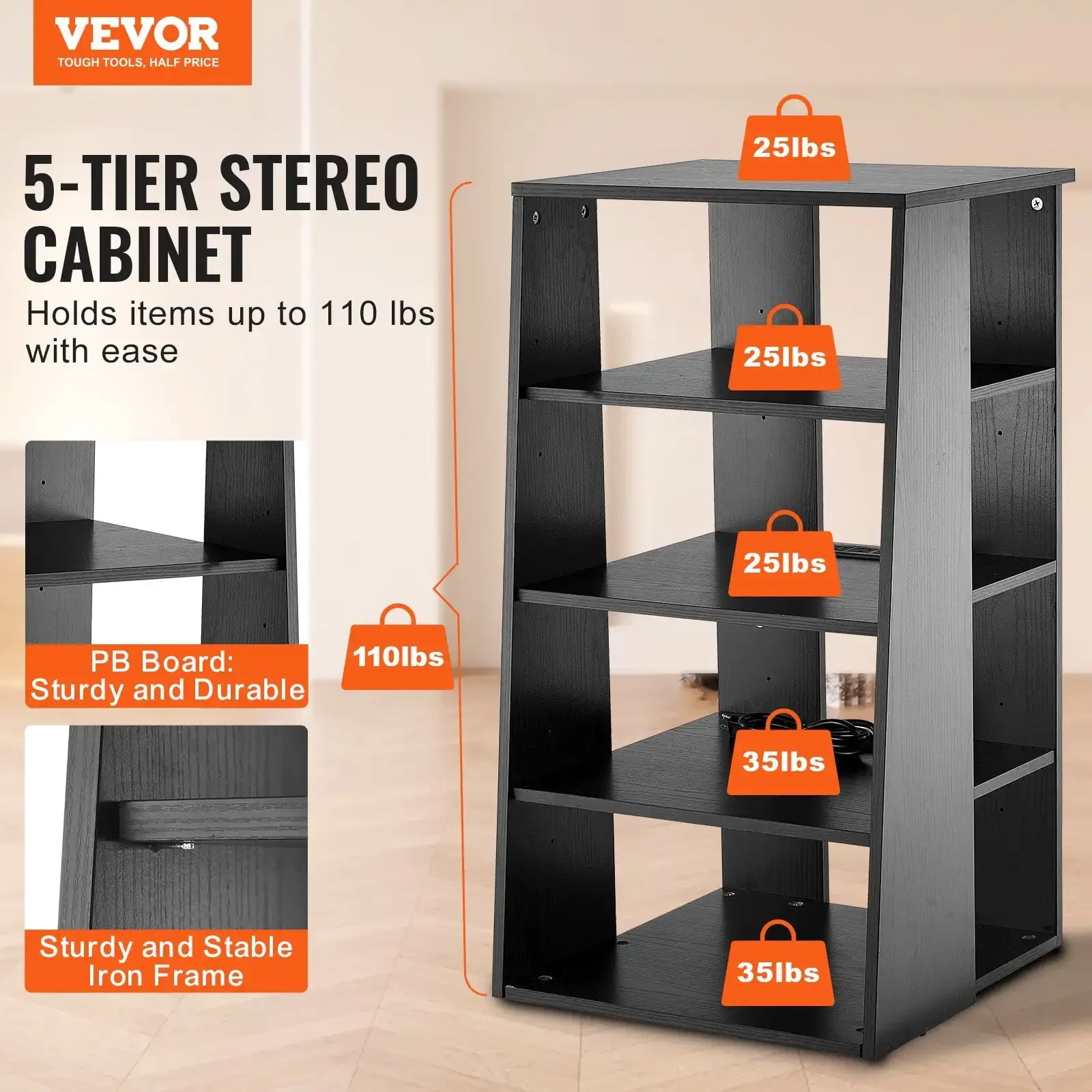 

5-Tier AV Media Stand, Wooden Audio-Video Media Stand for DVD Players/Cable Boxes/Games Consoles