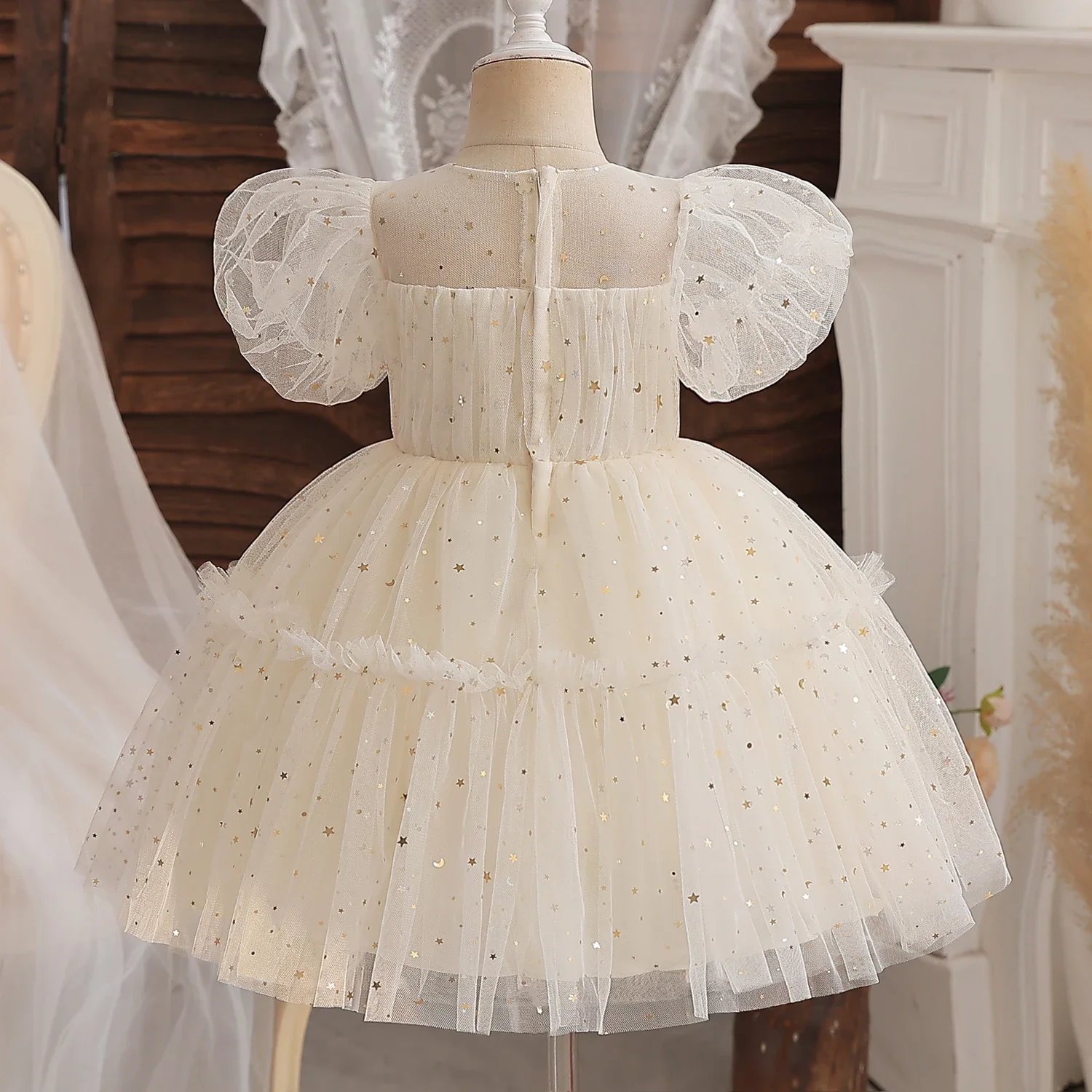 Vestido de princesa de fiesta para niña pequeña, trajes de primer cumpleaños champán, manga abombada, tutú de lentejuelas, ropa de Gala de verano